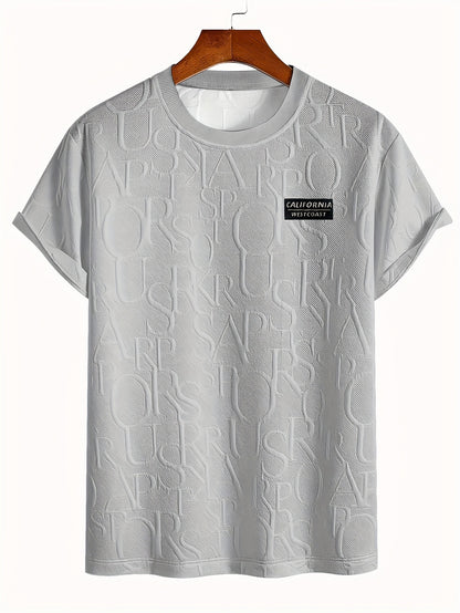 Men's Summer Casual Short Sleeve T-Shirt - Relaxed Fit Round Neck with Vertical Letter Print & Elastic Cuffs, Breathable Fabric for Daily Wear, Commuting & Outdoor Activities, Shirts for Summer