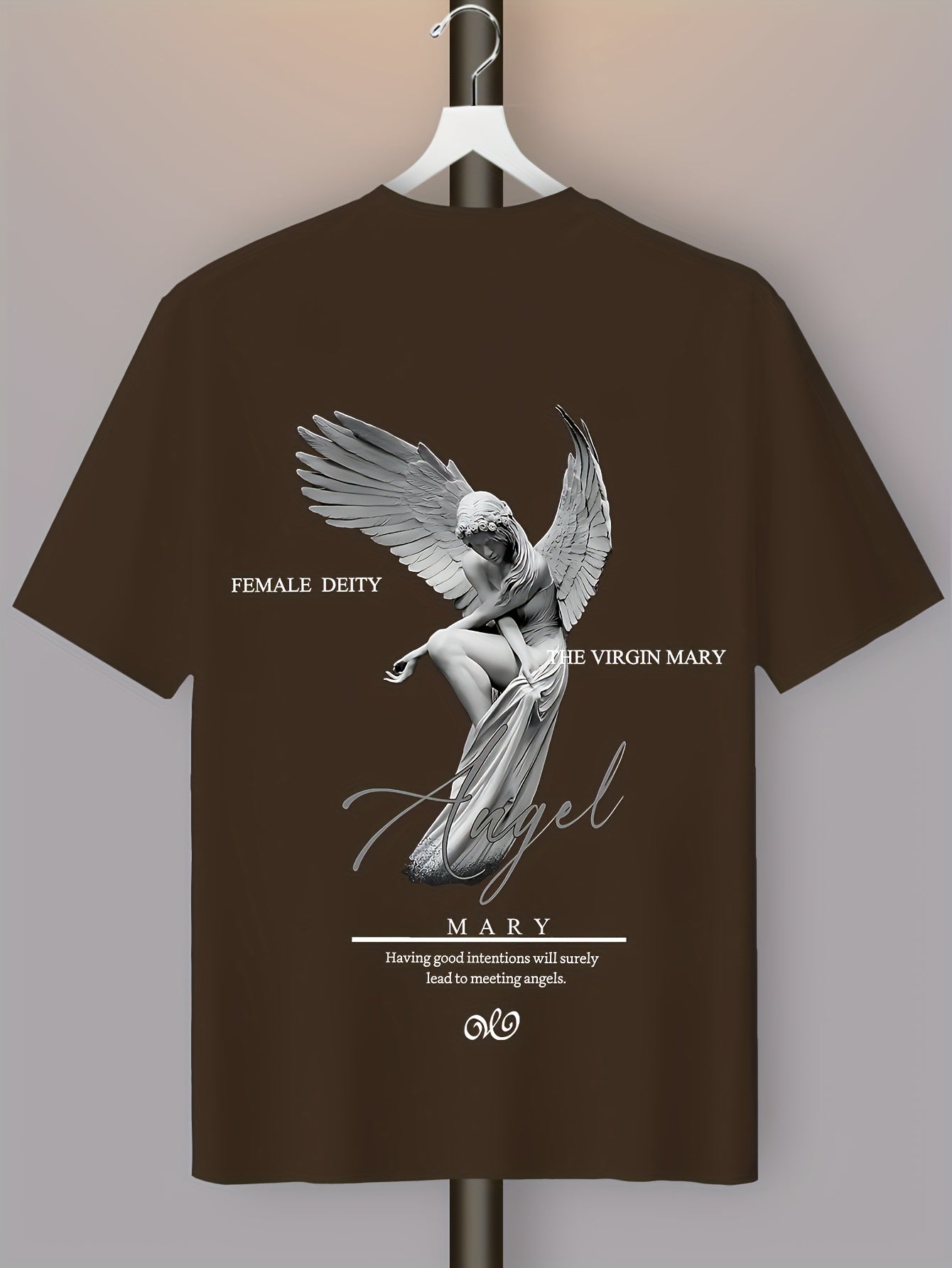 Men'S Casual Street Style Angel Graphic T-Shirt - "Female Devity" Print, Loose Fit, Polyester Blend, Summer Essential, Textured Look, Black with White Design, Short Sleeve, Round Neck, Perfect for Casual Attire, Everyday Tshi