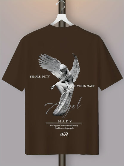 Men'S Casual Street Style Angel Graphic T-Shirt - "Female Devity" Print, Loose Fit, Polyester Blend, Summer Essential, Textured Look, Black with White Design, Short Sleeve, Round Neck, Perfect for Casual Attire, Everyday Tshi