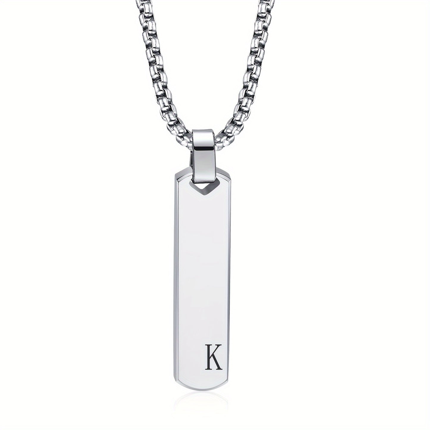 Letter Necklace Pendant Made of Stainless Steel, Featuring a Laser-Etched Design of 26 Letters, Polished for a Stylish 3D Rectangular Look, Suitable for Men.
