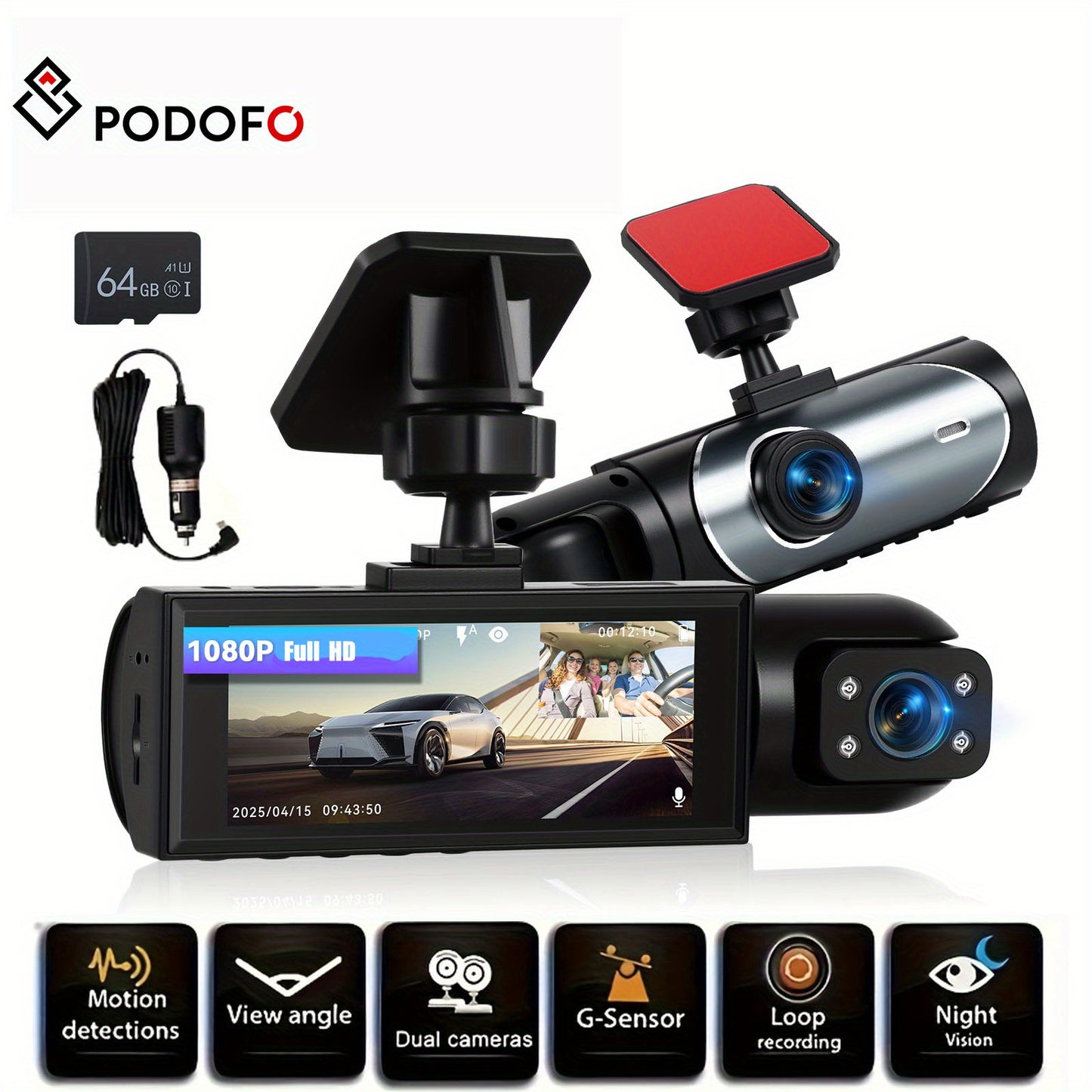 Podofo 2025 Latest 1080P Dual Dash Cam for Cars - Front & Inside Camera with 32GB Card, 8.03cm IPS Screen, IR Night Vision, 170° Wide Angle, Loop Recording, G-Sensor, Motion Detection, 24H Parking Mode - Perfect New Car, Hol