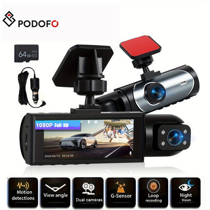 Podofo 2025 Latest 1080P Dual Dash Cam for Cars - Front & Inside Camera with 32GB Card, 8.03cm IPS Screen, IR Night Vision, 170° Wide Angle, Loop Recording, G-Sensor, Motion Detection, 24H Parking Mode - Perfect New Car, Hol