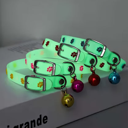 1pc Adjustable Luminous Pet Collar with Bell - Animal Print Design, Silicone Material, Ideal for Cats and Dogs
