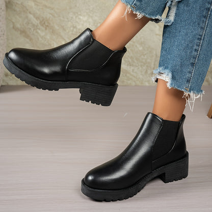 MagiMoBo Women'S Slip-On Chunky Mid-Heel Ankle Boots - Faux Cover Round Toe Platform Boots with Thick Rubber Sole, All-Season Casual Versatile Boots for Casual Attire, Comfortable Walking Boots, Durable Fabric Insole