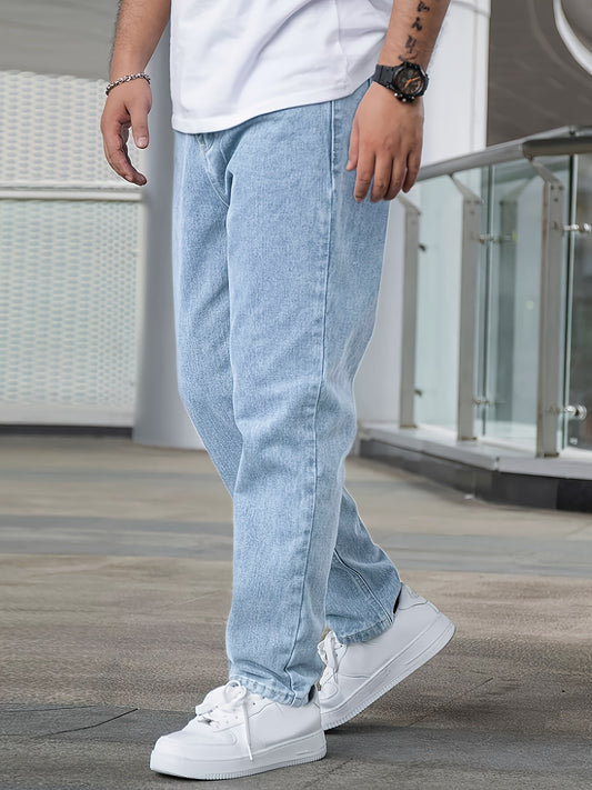 Men's Casual Stretch Denim Pants - Classic Regular Fit, Water-Washed Texture, All-Season Comfort, Machine Washable Solid Color Jeans for Casual Attire, Casual Casual Attire | Classic Blue Jeans | Easycare Jeans