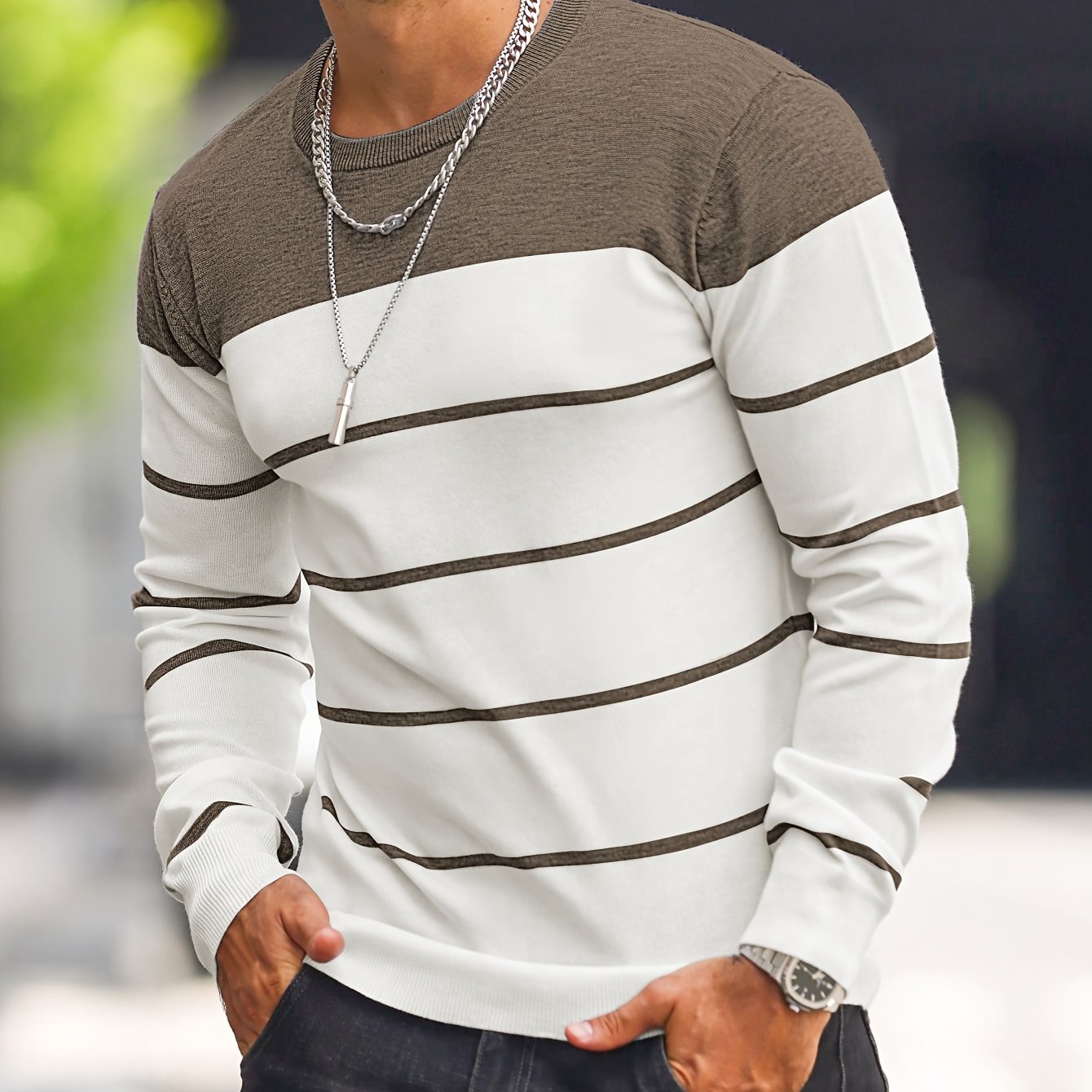 Men's Casual Striped Knit Pullover Sweater - Navy & White Contrast, Regular Fit H-Silhouette, Long Sleeve Crew Neck, Medium Stretch, Machine Washable for Spring & Fall, Mediumstretch Fabric
