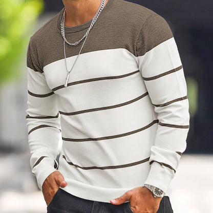 Men's Casual Striped Knit Pullover Sweater - Navy & White Contrast, Regular Fit H-Silhouette, Long Sleeve Crew Neck, Medium Stretch, Machine Washable for Spring & Fall, Mediumstretch Fabric