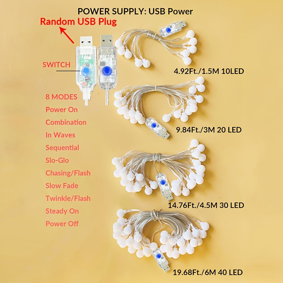 1pc USB-Powered 8 Lighting Modes Ball String Lights - Energy-Efficient, Touch Control, Ideal for Home Decor, Parties, Weddings, Ramadan & Eid al Fitr, Bedroom Wall Decor, Party Lighting | Elegant Lighting | USB Powered Lights