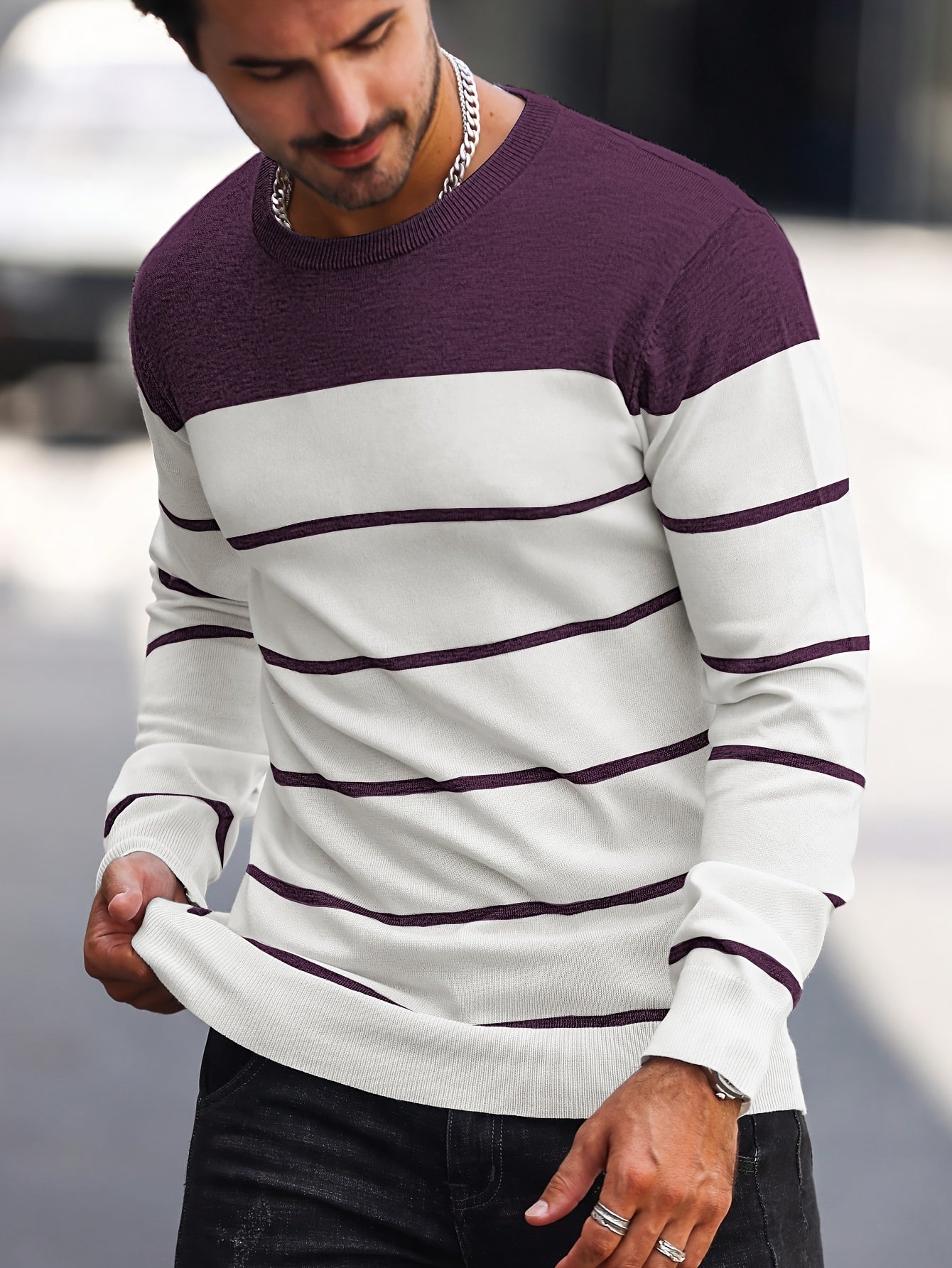 Men's Casual Striped Knit Pullover Sweater - Navy & White Contrast, Regular Fit H-Silhouette, Long Sleeve Crew Neck, Medium Stretch, Machine Washable for Spring & Fall, Mediumstretch Fabric