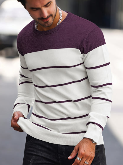 Men's Casual Striped Knit Pullover Sweater - Navy & White Contrast, Regular Fit H-Silhouette, Long Sleeve Crew Neck, Medium Stretch, Machine Washable for Spring & Fall, Mediumstretch Fabric