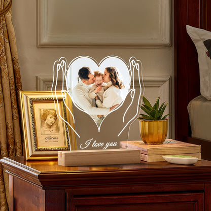 Custom Photo Frame with Hand and Heart Design, Personalized Tabletop Acrylic Frame, Vertical Oblong Orientation, Ideal for Wedding, Bridal Party, Anniversary, Birthday - Couples, Friends, Mom Keepsake - Fits Various Photo Siz