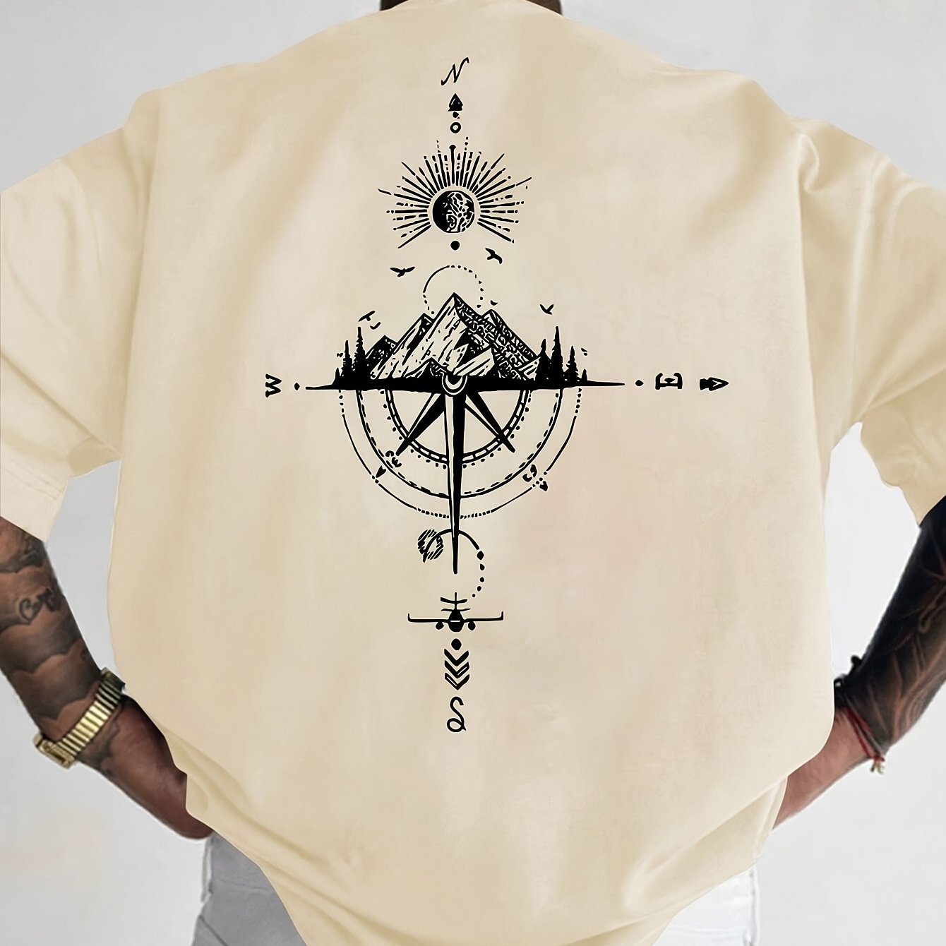 Men's Short Sleeve T-Shirt 100% Polyester Loose Fit Casual Round Neck Navy Blue with Golden Compass Rose Mountain Print - Summer Outdoor Adventure Graphic Tee, Modern Casual Top | Easy Care Clothing