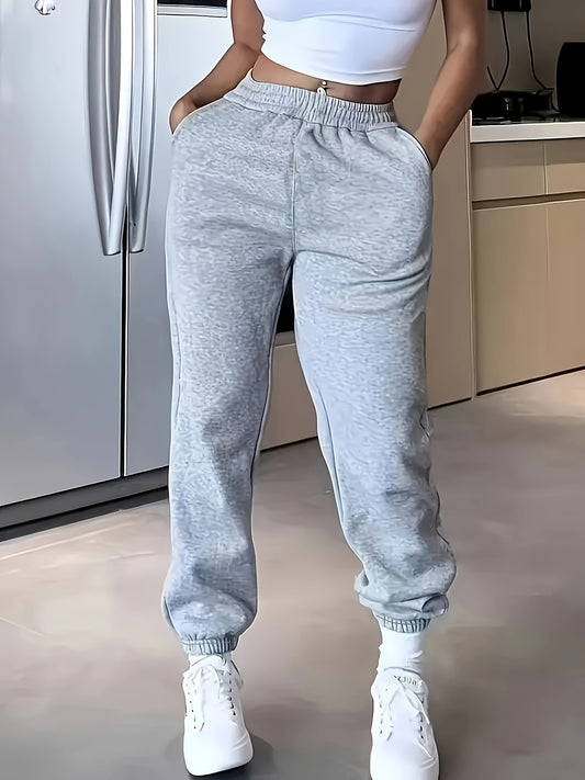 High-Waisted Elastic Jogger Pants for Women - 100% Polyester Casual Style Solid Color Trousers for Spring/Summer/Fall