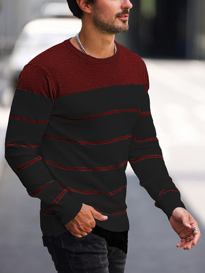 Men's Casual Striped Knit Pullover Sweater - Navy & White Contrast, Regular Fit H-Silhouette, Long Sleeve Crew Neck, Medium Stretch, Machine Washable for Spring & Fall, Mediumstretch Fabric