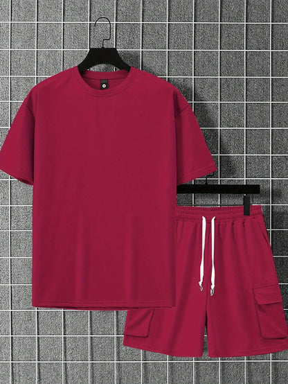 New Loose-Fitting Breathable Men'S Round Neck Short-Sleeved T-Shirt And Workwear Style Multi-Pocket Shorts Set Summer Leisure Sports Two-Piece Suit, Fashionable Sports Casual Versatile Tops And Pants for Men And Women