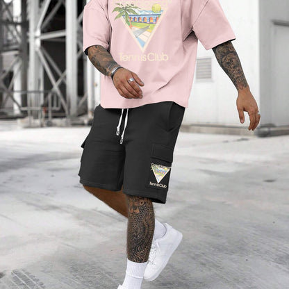 New Loose Fit Breathable Men's Crew Neck Short Sleeve T-Shirt and Workwear Style Multi-Pocket Shorts Set, Summer Casual Sportswear Two-Piece Outfit, Stylish Versatile Top and Pants for Both Men and Women