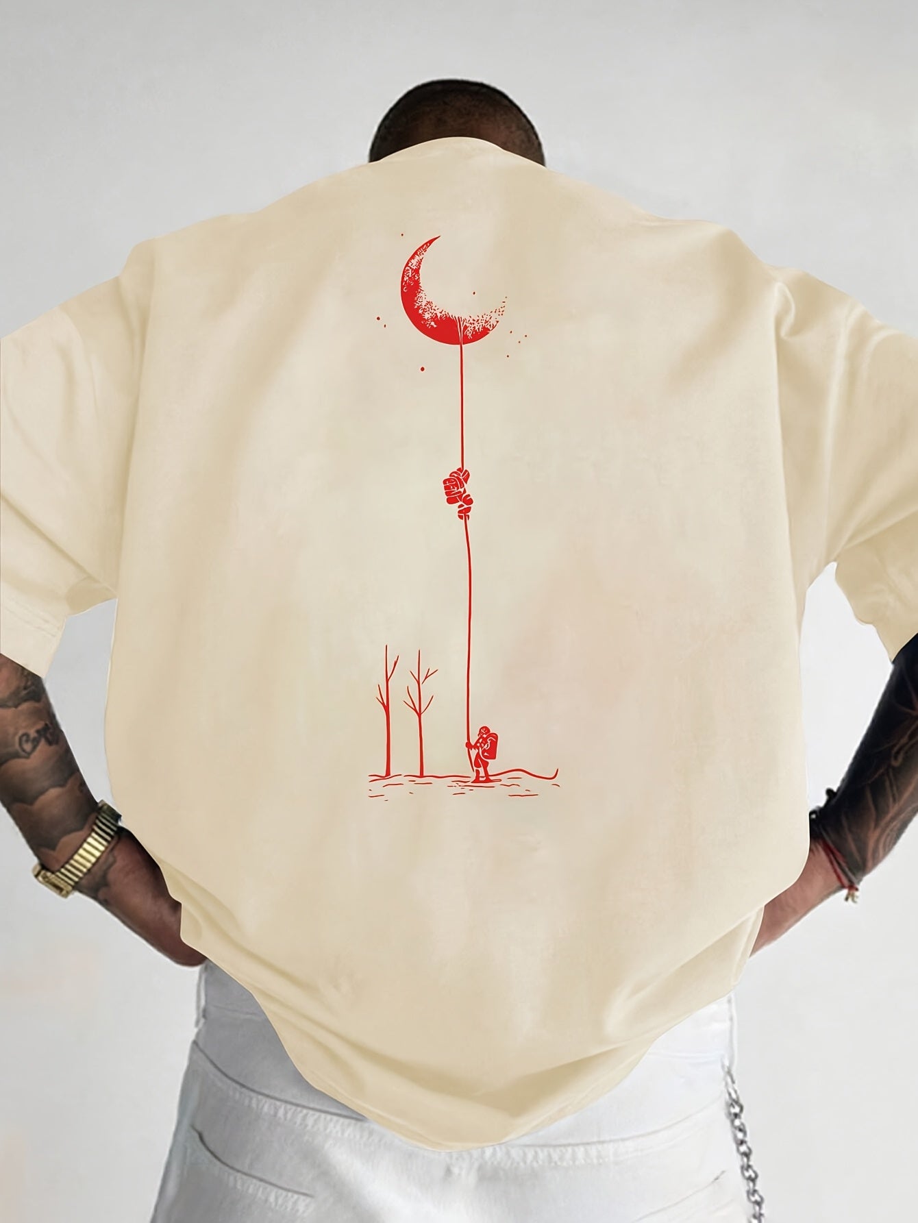 Men's Graphic Print Short Sleeve T-Shirt - Black Relaxed Fit Casual Round Neck, Durable Polyester Fabric, Machine Washable Summer Outdoor Top, Moon And Trees Design | Lightweight Clothing