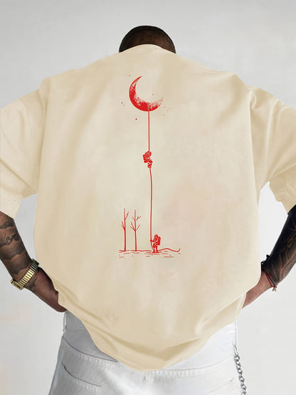Men's Graphic Print Short Sleeve T-Shirt - Black Relaxed Fit Casual Round Neck, Durable Polyester Fabric, Machine Washable Summer Outdoor Top, Moon And Trees Design | Lightweight Clothing