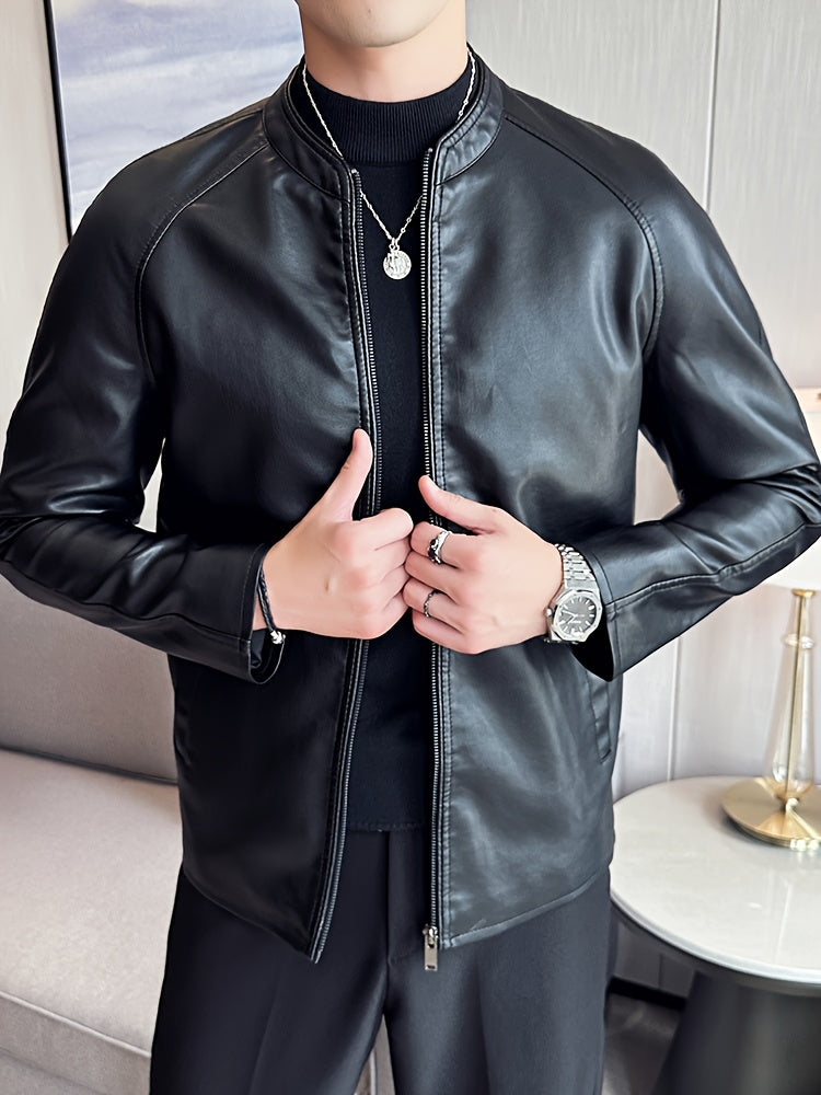 Men's Slim-Fit High Quality Windproof PU Leather Motorcycle Jacket - Vintage Bomber Style with Stand Collar, Ribbed Cuffs & Adjustable Drawstring, Softshell Casual Biker Outerwear, Casual Outerwear | Vintage Bomber Jacket | D