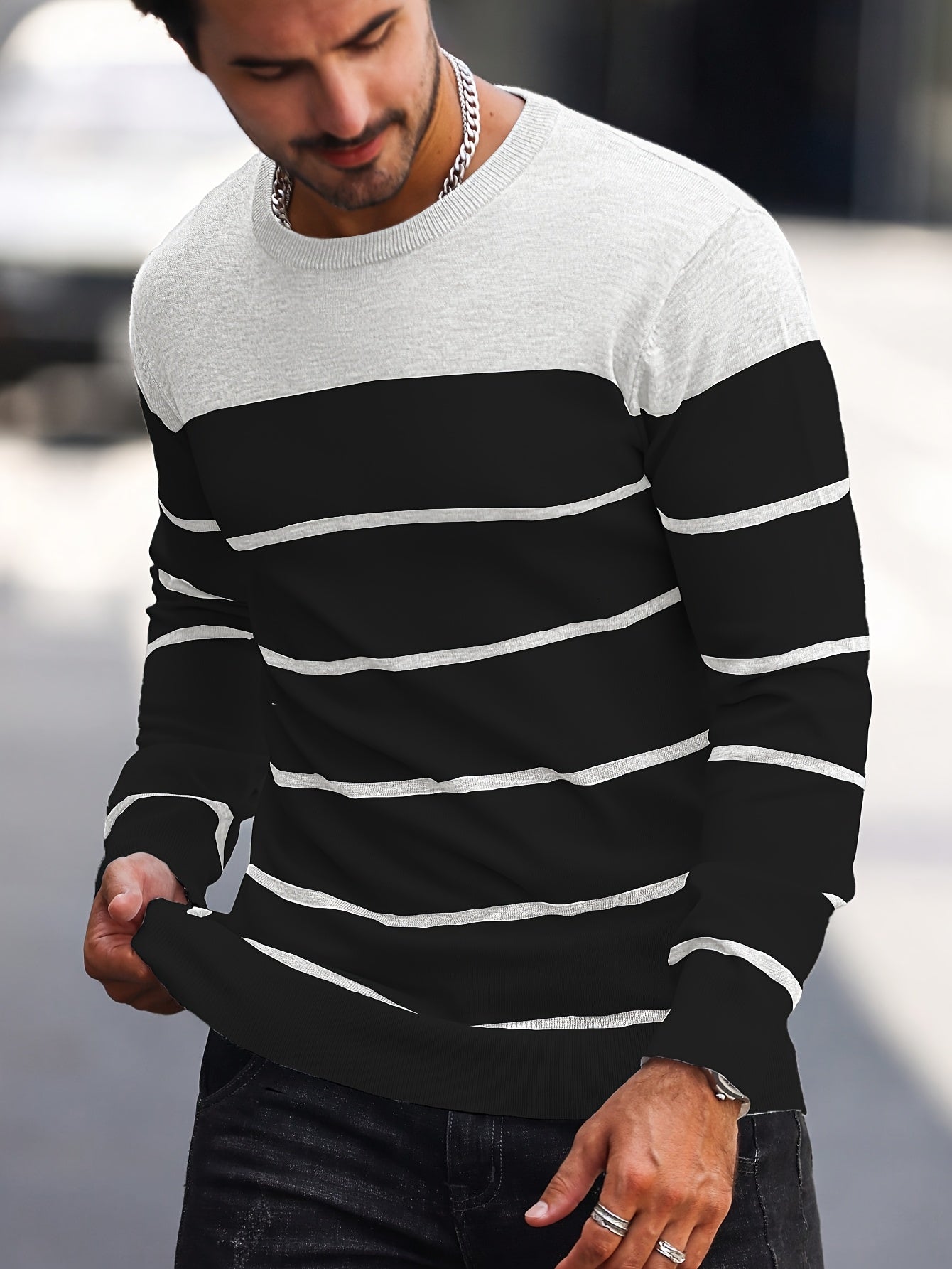 Men's Casual Striped Knit Pullover Sweater - Navy & White Contrast, Regular Fit H-Silhouette, Long Sleeve Crew Neck, Medium Stretch, Machine Washable for Spring & Fall, Mediumstretch Fabric