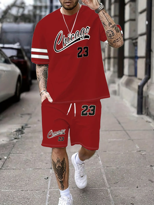Summer Men's T-Shirt Set with Unique Digital Line Letter Print and Baseball Element Shorts Two-Piece Outfit