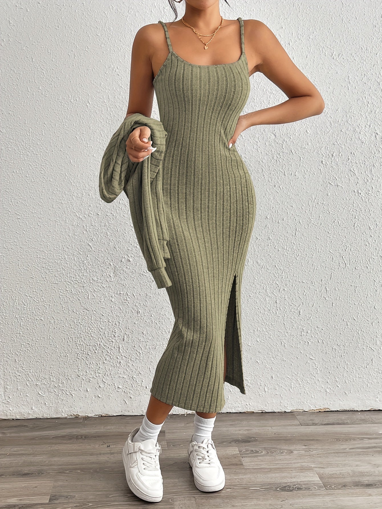 Simple y Fleece Two-Piece Dress and Jacket Set