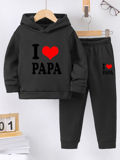 Fashionable Autumn And Winter Casual Sports Style for And "I Love Dad" Cartoon Popular Print Pattern Long-Sleeved Plus Velvet Warm Hooded Sweatshirt + Sweatpants Two-Piece Set, for Outdoor