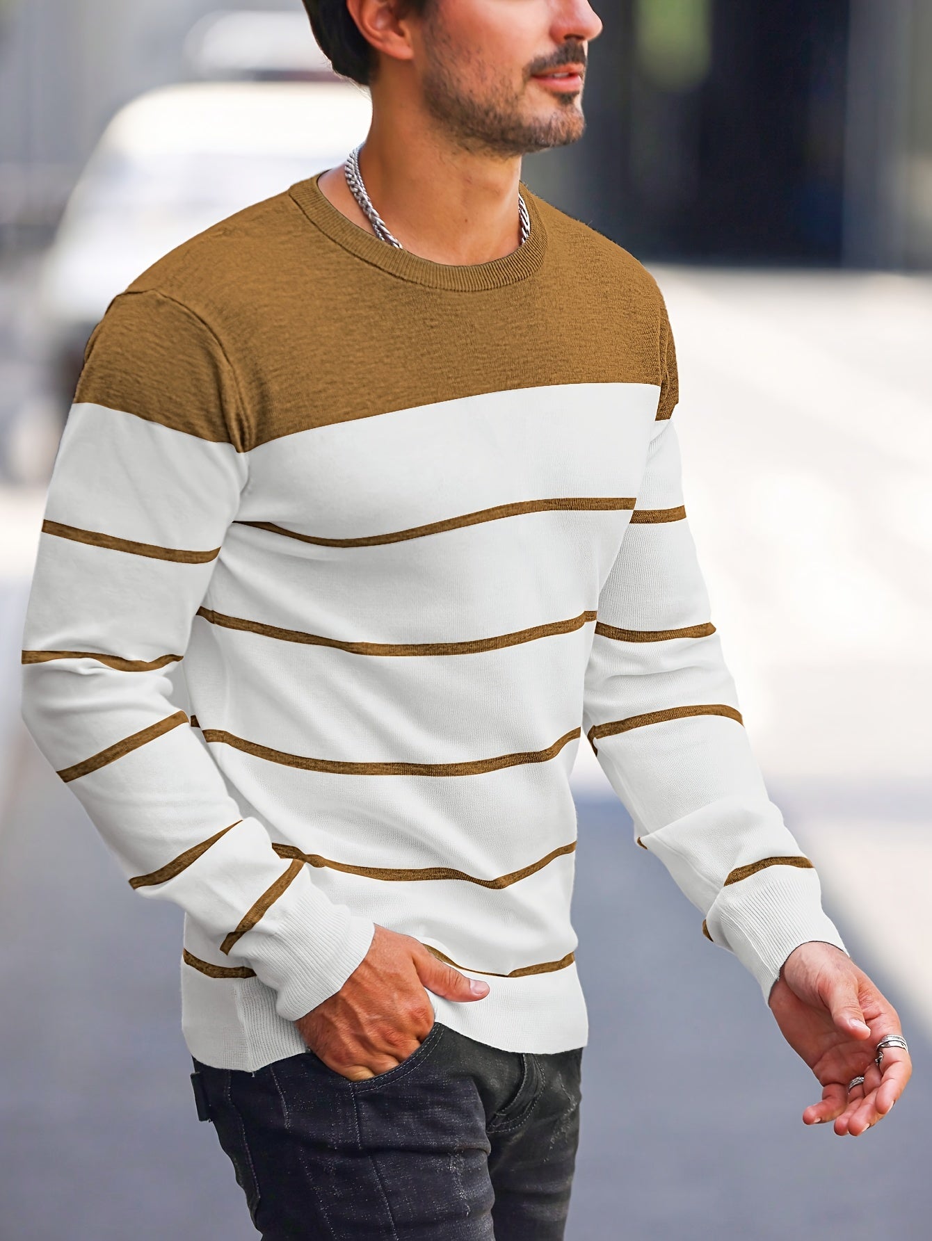 Men's Casual Striped Knit Pullover Sweater - Navy & White Contrast, Regular Fit H-Silhouette, Long Sleeve Crew Neck, Medium Stretch, Machine Washable for Spring & Fall, Mediumstretch Fabric
