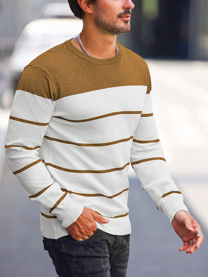 Men's Casual Striped Knit Pullover Sweater - Navy & White Contrast, Regular Fit H-Silhouette, Long Sleeve Crew Neck, Medium Stretch, Machine Washable for Spring & Fall, Mediumstretch Fabric