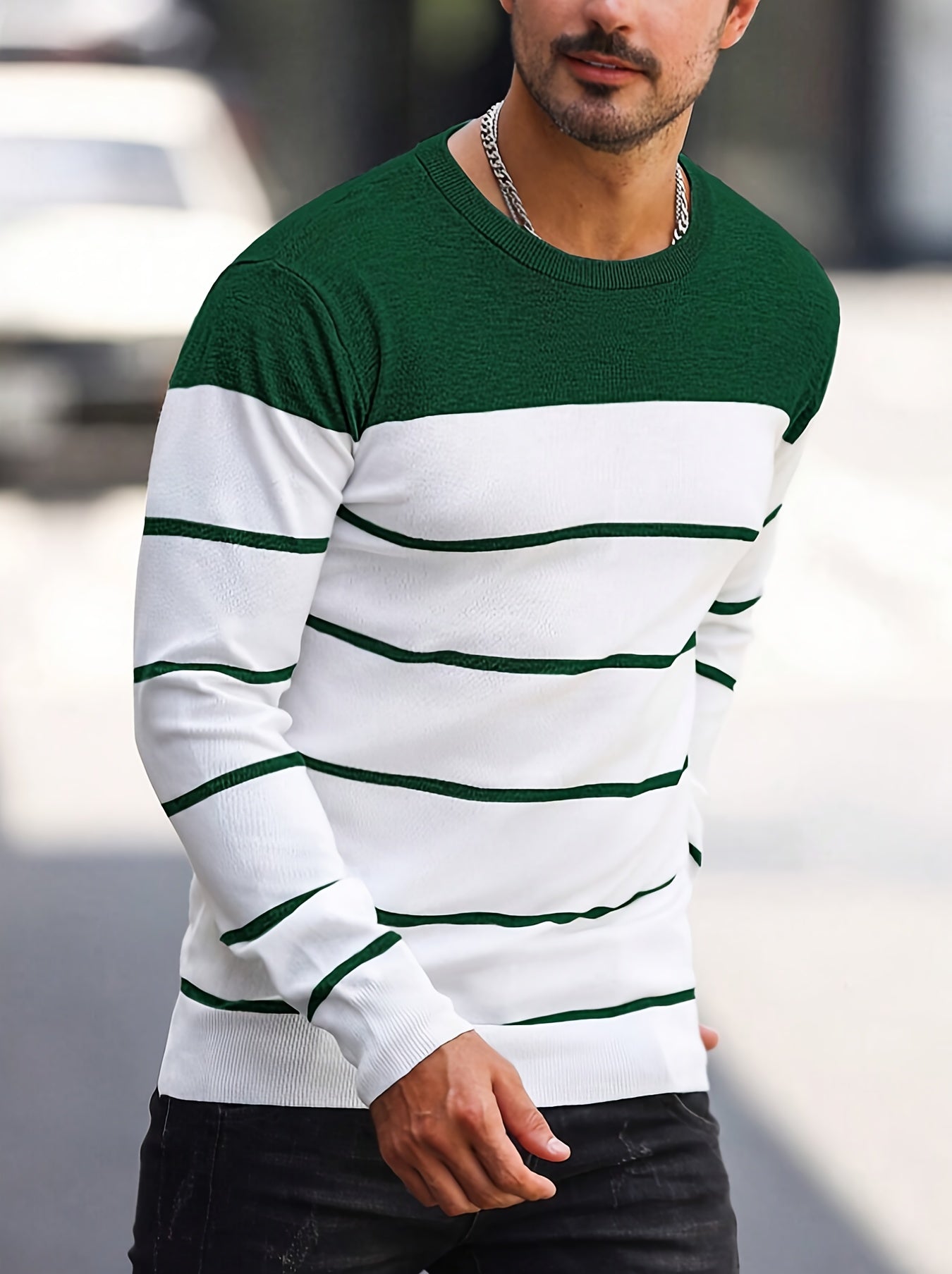 Men's Casual Striped Knit Pullover Sweater - Navy & White Contrast, Regular Fit H-Silhouette, Long Sleeve Crew Neck, Medium Stretch, Machine Washable for Spring & Fall, Mediumstretch Fabric