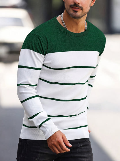 Men's Casual Striped Knit Pullover Sweater - Navy & White Contrast, Regular Fit H-Silhouette, Long Sleeve Crew Neck, Medium Stretch, Machine Washable for Spring & Fall, Mediumstretch Fabric