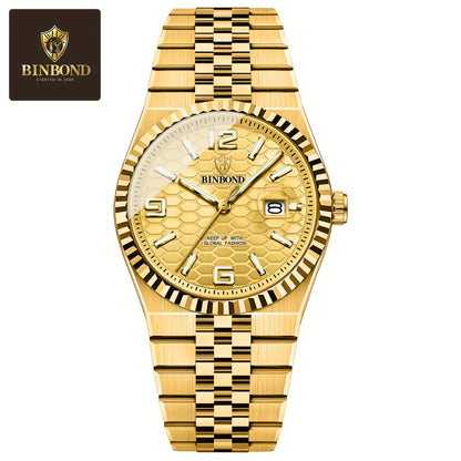 BINBOND Men's Sporty Elegant Quartz Watch with Date Display, Luminous Hands & Two-Tone Golden & Black Stainless Steel Band - High Quality Business Casual Watch for Everyday & Formal Wear, Versatile Wristwatch, Sophisticated D