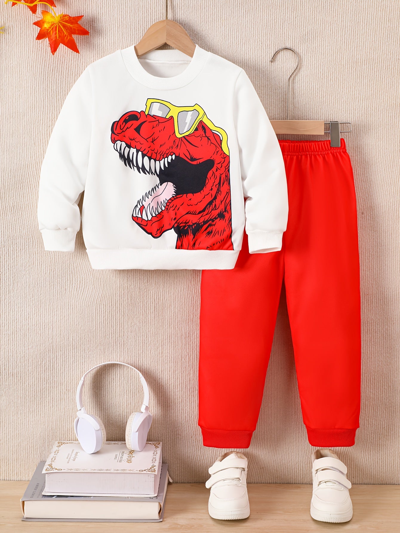 2pcs boys' casual sweatshirt and pants set with cool dinosaur print, perfect for autumn and winter seasons. Ideal as a gift or for leisure, sports, and vacation activities. Suitable for outdoor wear, Perfect for Outdoor