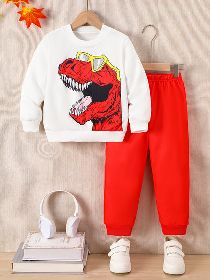 2pcs boys' casual sweatshirt and pants set with cool dinosaur print, perfect for autumn and winter seasons. Ideal as a gift or for leisure, sports, and vacation activities. Suitable for outdoor wear, Perfect for Outdoor