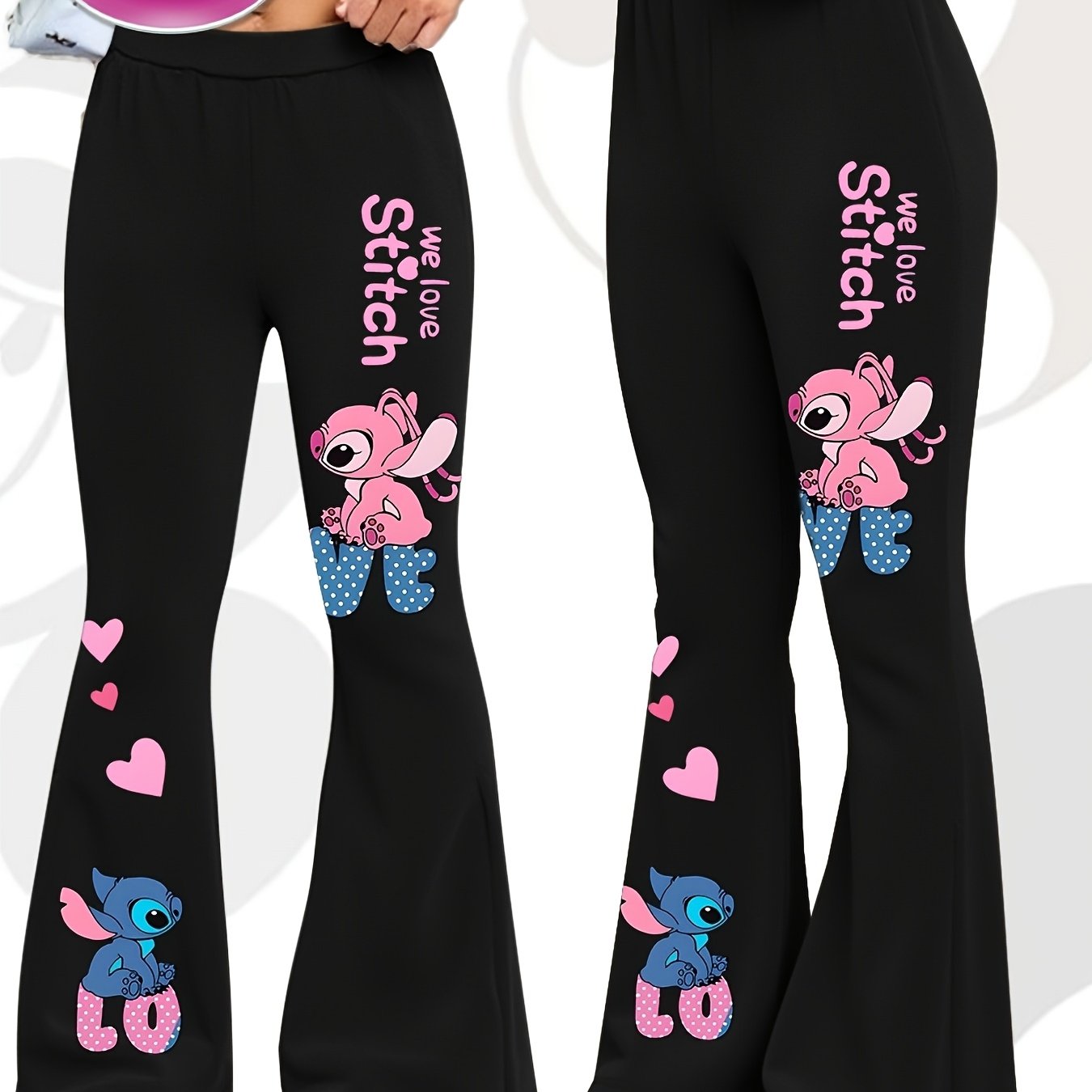 Disney Stitch Girls' Flare Pants - Official Stitch Character Design with Bell Bottoms, Grey with Pink Accents, Machine Washable Birthday Outfit for Disney Fans (Kids Girls) - Perfect Gift for Stitch Lovers, Everyday Kids Clot