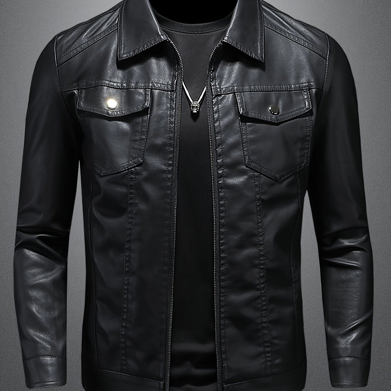 Men'S Slim-Fit Faux Leather Jacket - Black Casual Zip-Up Bomber with Lapel Collar, Long Sleeves, and Pockets for Autumn & Winter, Autumn Winter Jacket | Sleek Black Jacket | Polyester Lined Jacket
