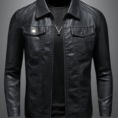 Men'S Slim-Fit Faux Leather Jacket - Black Casual Zip-Up Bomber with Lapel Collar, Long Sleeves, and Pockets for Autumn & Winter, Autumn Winter Jacket | Sleek Black Jacket | Polyester Lined Jacket