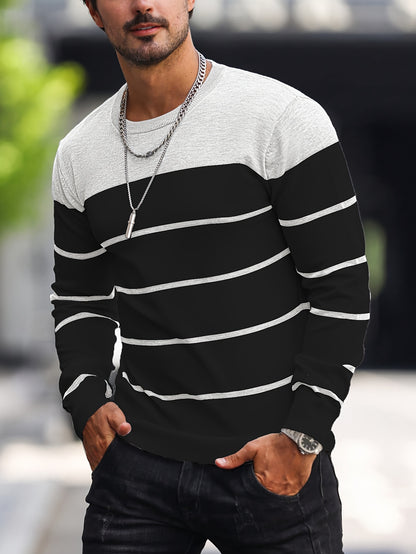 Men's Casual Striped Knit Pullover Sweater - Navy & White Contrast, Regular Fit H-Silhouette, Long Sleeve Crew Neck, Medium Stretch, Machine Washable for Spring & Fall, Mediumstretch Fabric