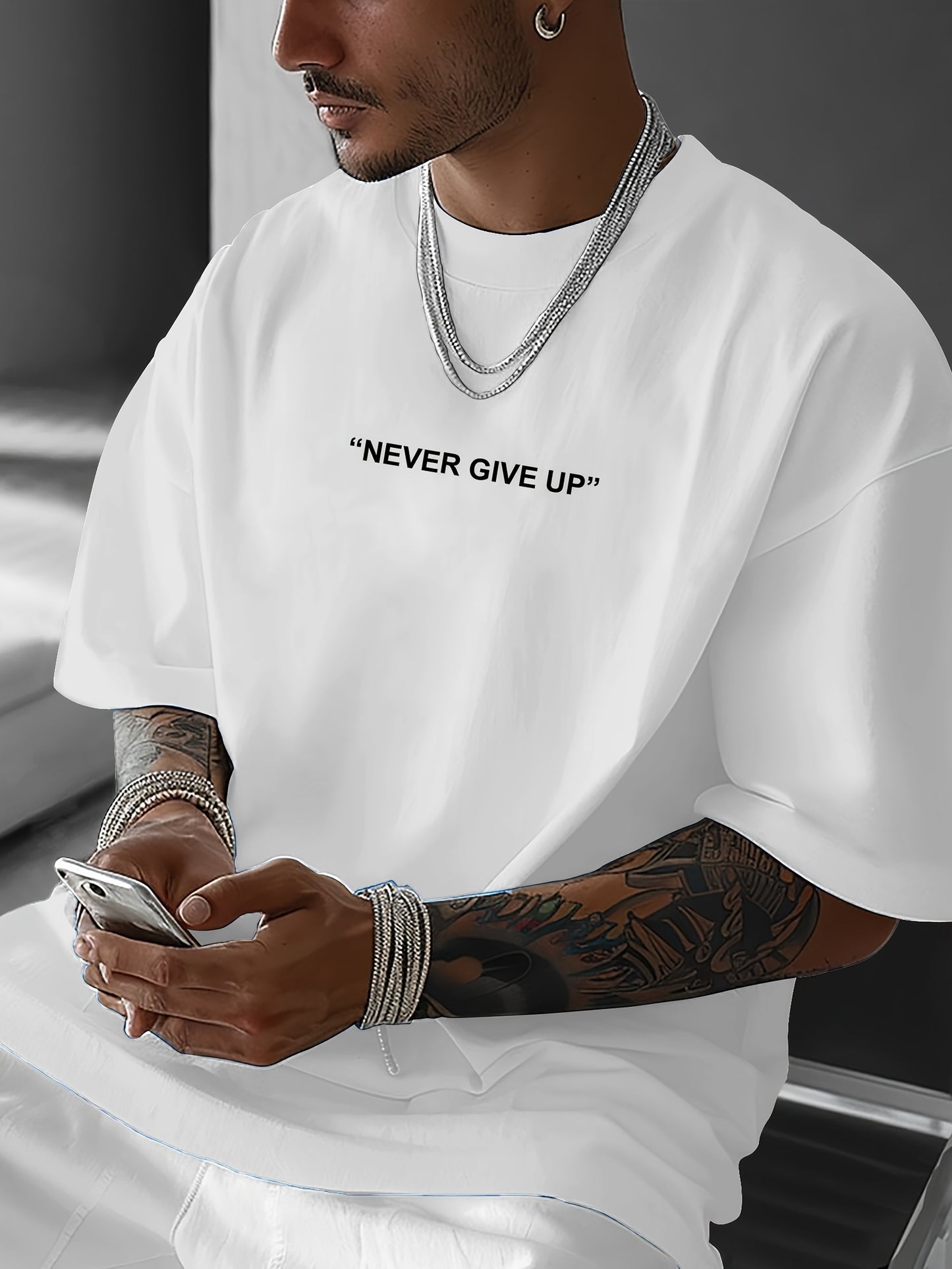 Men's "Never Give Up" Graphic Print Casual T-Shirt - Comfortable Crew Neck, Short Sleeve, Loose Fit for Spring & Summer, White Polyester Tee for Casual Attire, Casual Summer Wear | Loose Fit Top | Smooth Texture