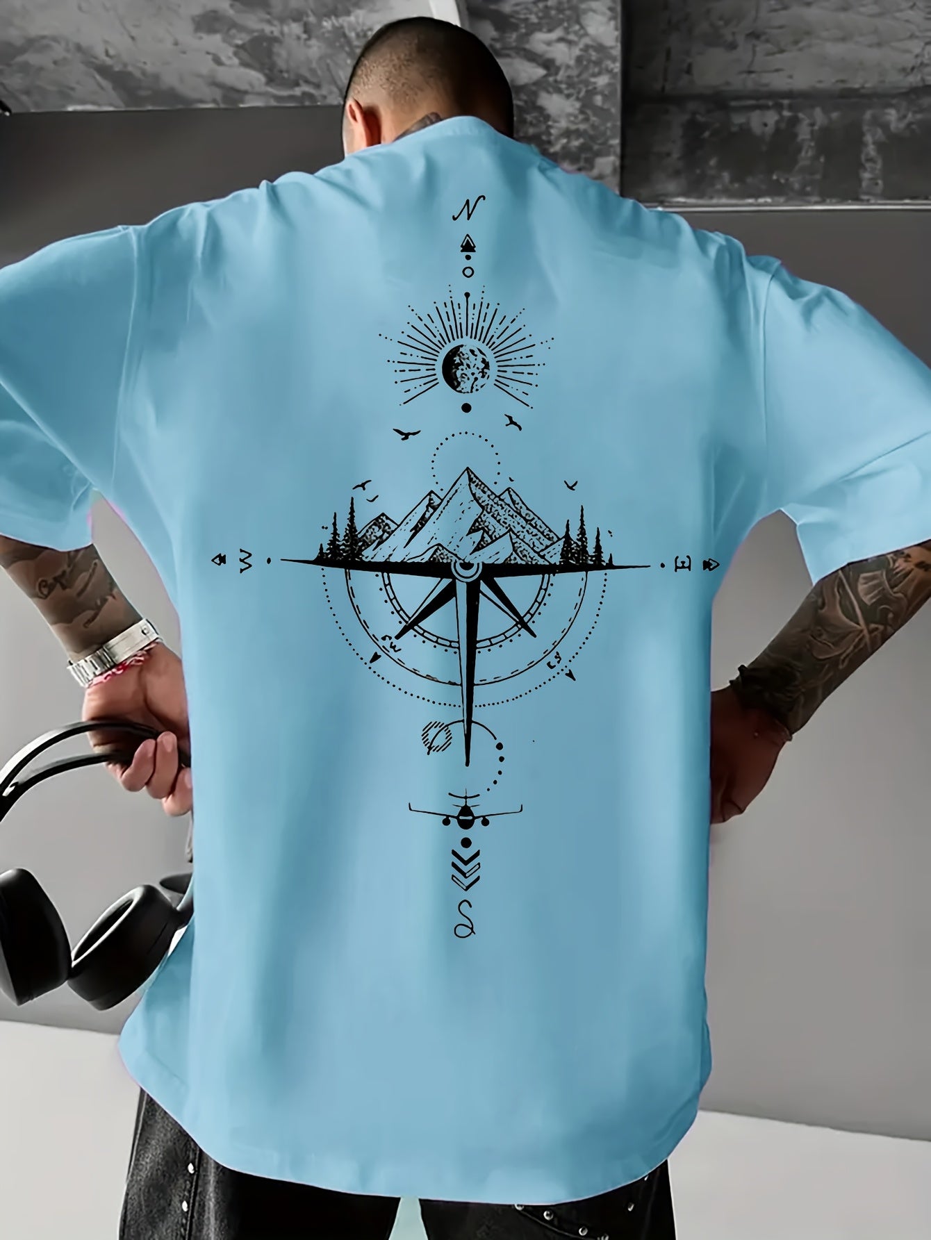 Men's Casual Compass Print T-Shirt - Breathable Polyester, Crew Neck, Short Sleeve - Perfect for Summer