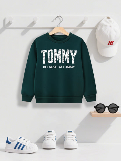 Boys' Casual Fleece-Lined Long Sleeve Sweatshirt with "TOMMY" Letter Print - Cozy Loose Fit Round Neck Pullover for Fall/Winter Outdoor Activities, 3+ Years Old, 6 Color Options, Sweater for Boy, Kids Winter Wear, Playful Kid