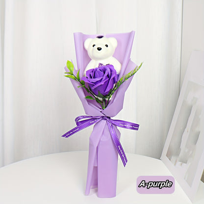 Artificial Red Rose Bouquet with Teddy Bear - Plastic Everlasting Floral Arrangement for Home Decor, Ideal Gift for Christmas, Valentine's Day, Mother's Day, Easter, Thanksgiving - No Container, Battery-Free, Electricity-Free