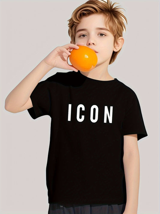1pc Boys' "ICON" Graphic T-Shirt - Black Casual Summer Tee with Orange Design, 100% Polyester Breathable Fabric, Comfortable & Lightweight for Teens 12 & Under, Youth Sports Tshirt | Bold Graphic Tee | Comfortable Fit, Boy T
