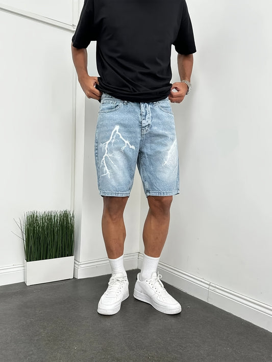 Men's Relaxed Fit Straight-Leg Distressed Wash Print Denim Shorts - Casual Streetwear Versatile Mid-Length Shorts for All-Season Comfort