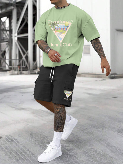 New Loose Fit Breathable Men's Crew Neck Short Sleeve T-Shirt and Workwear Style Multi-Pocket Shorts Set, Summer Casual Sportswear Two-Piece Outfit, Stylish Versatile Top and Pants for Both Men and Women