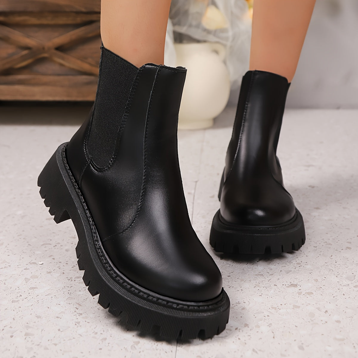 Women'S Slip-On Chelsea Boots - Thick Platform Mid-Calf, Round Toe & Cushioned Sole, Soft Rubber Sole, Elastic Lining, Solid Black Versatile Boots for Autumn/Winter Commuting & Casual Wear, Comfortable Footwear, Fashionforwar