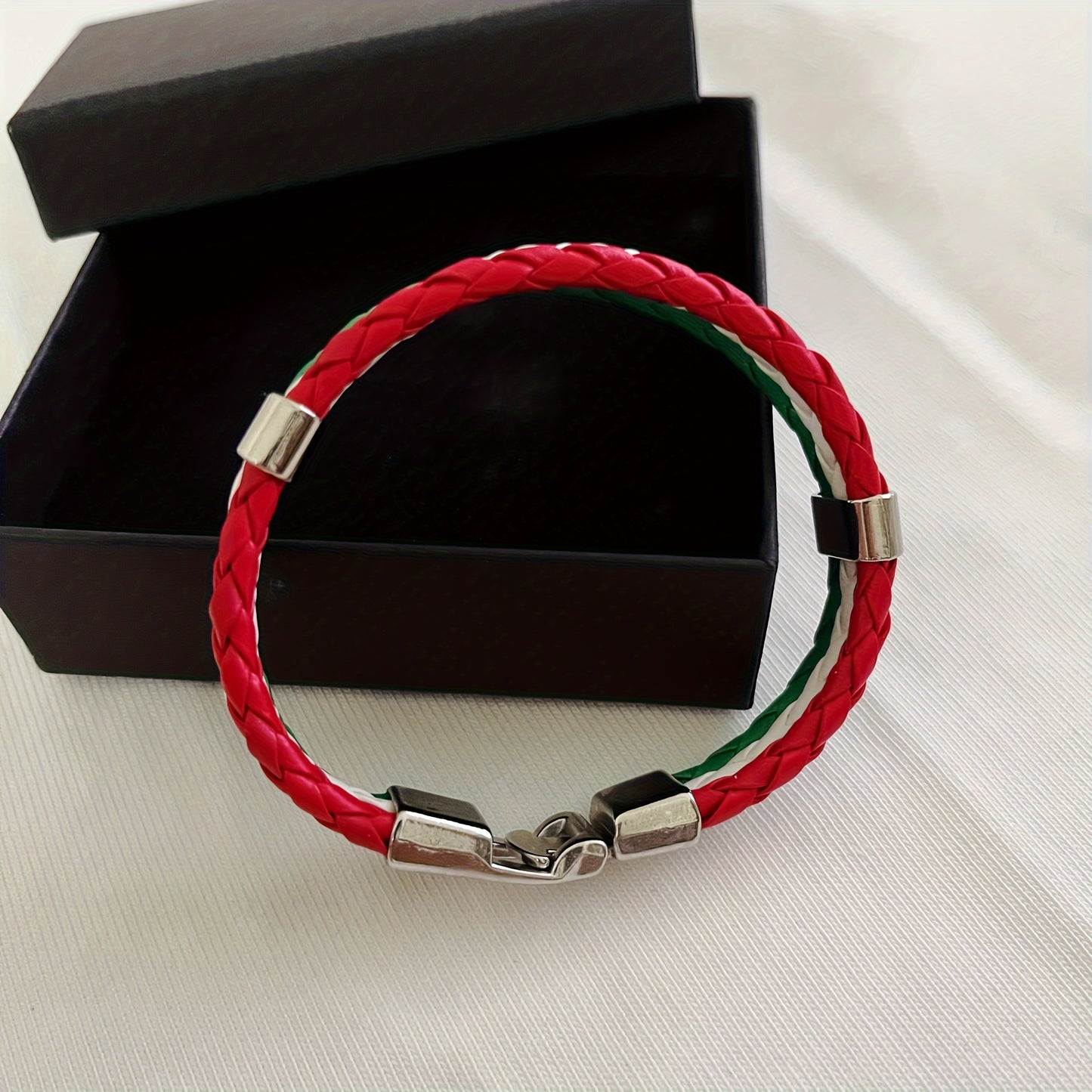Handmade Braided Red, White, and Green Flag Faux Leather Bracelet - Fashionable Faux Leather Accessory with Metal Buckle, Ideal for National Holiday Celebrations, National Holiday Gift|Festive Accessory|Durable Faux Leather,