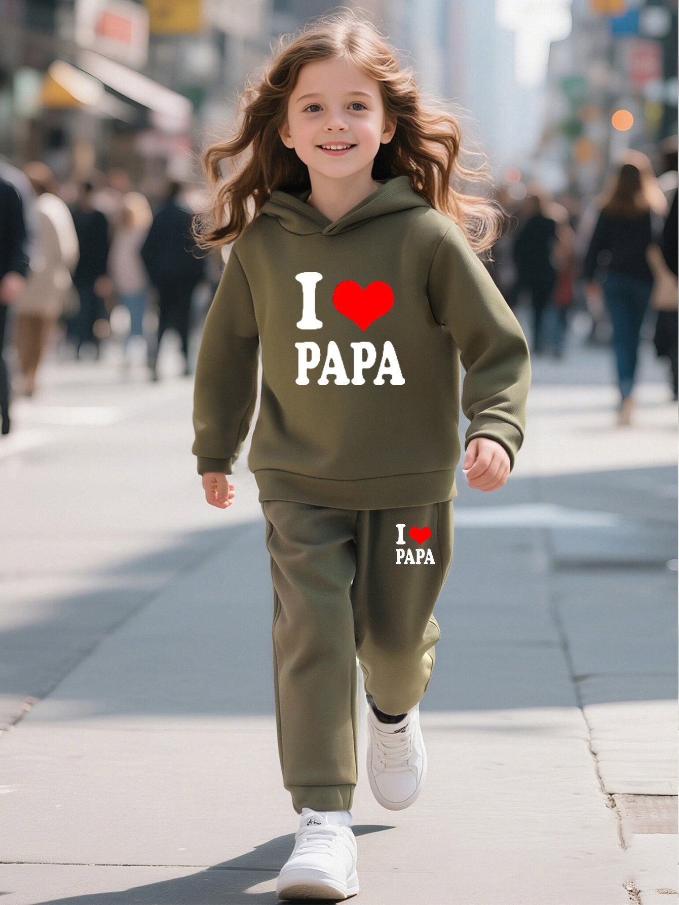 2pcs Back-to-School Season Fashionable Autumn/Winter Casual Sporty Style Girls' "I Love Dad" Cartoon Print Long Sleeve Fleece-Lined Hoodie + Sweatpants Set, Perfect for Outdoor
