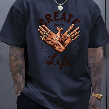 Men's Short-Sleeve T-Shirt with Inspirational "CREATE Your Own Life" Print & Prayer Hands Design - Elastic Round Neck, Breathable Fabric for Summer Outdoor Activities, Casual Comfort Fit, Machine Washable, Artistic Lifestyle