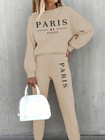 Targeted Autumn and Winter Fashion Print Two-Piece Set, Casual Long-Sleeve Fleece Pullover and Drawstring Jogger Pants Outfit for Women
